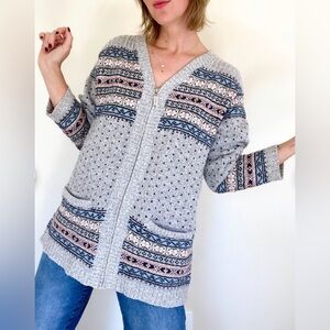 Vintage LizWear Cardigan Sweater Size Small Zip Up Heavy Knit Fair Isle Grey